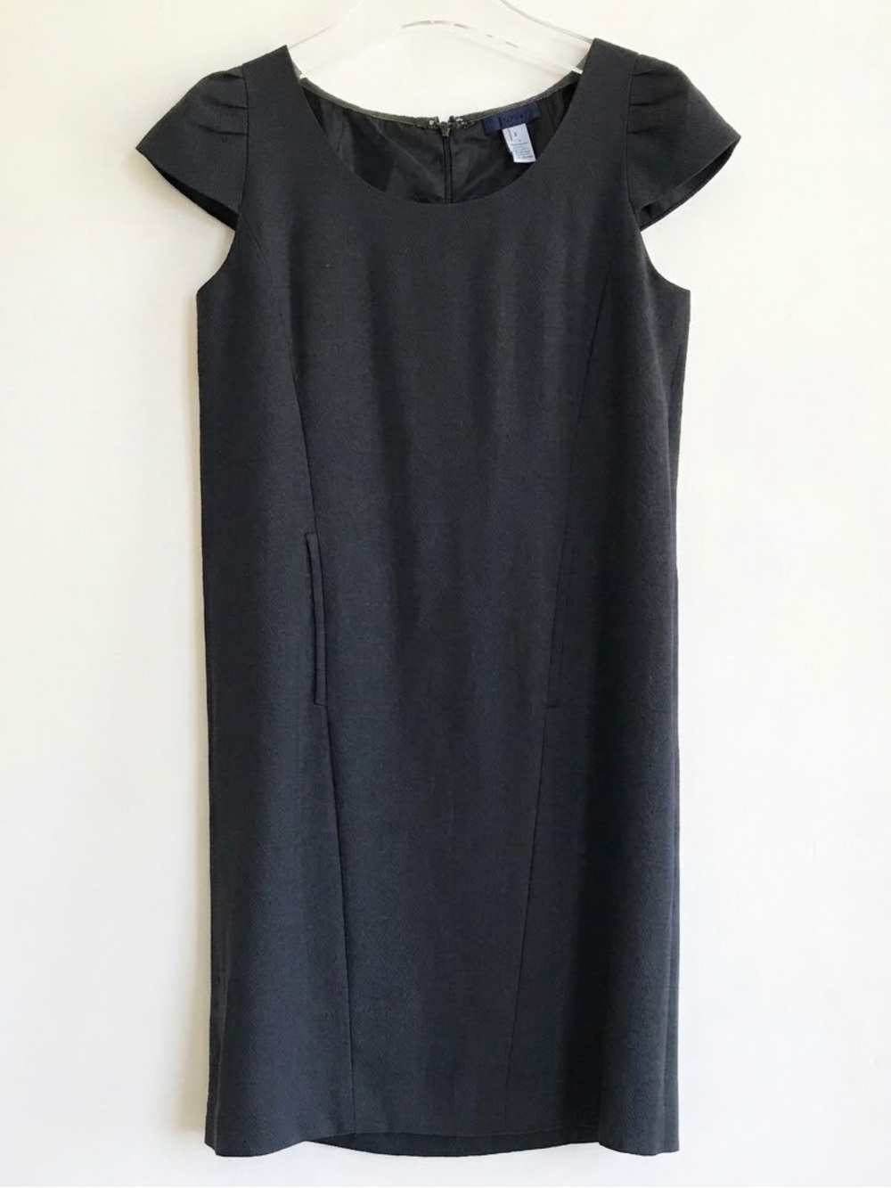 Vintage J.Crew 100% Wool Shift Dress Dark Gray Charcoal Cap Sleeve Pockets XS 2